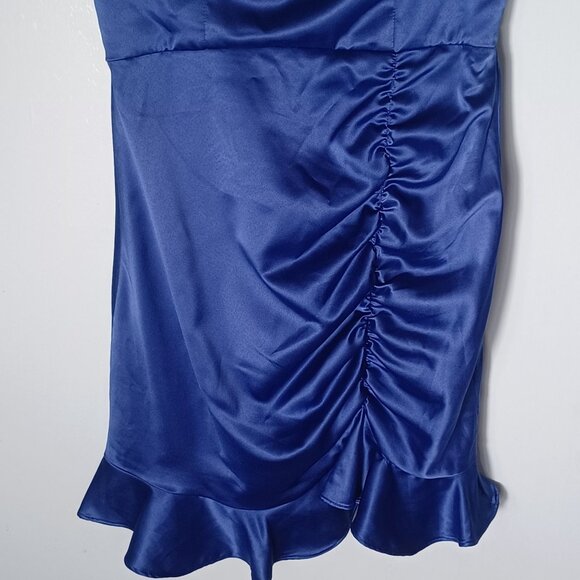 B. Darlin Mini Dress Women 5/6 Satin Blue Ruched Ruffle Party Cocktail Going Out - Picture 3 of 10